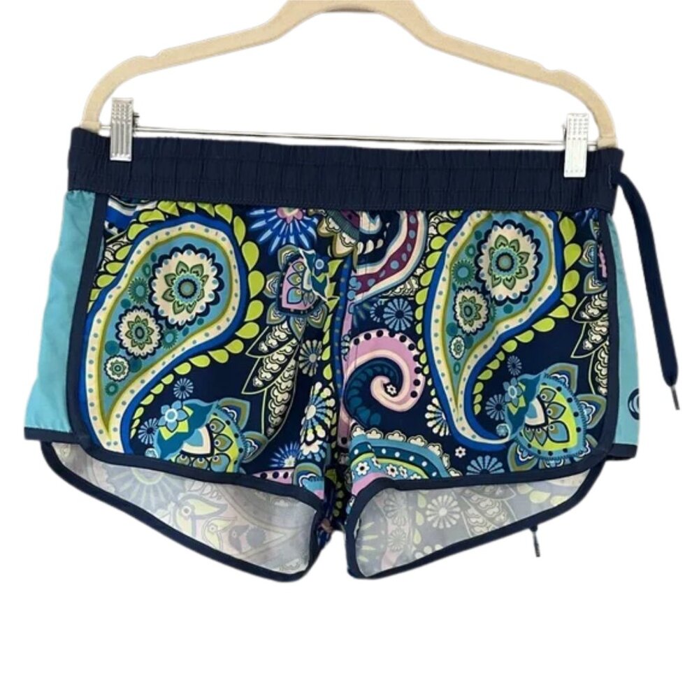 Navy Paisley Athletic Shorts Aqua Lime Trim Beach Running Side Tie Summer